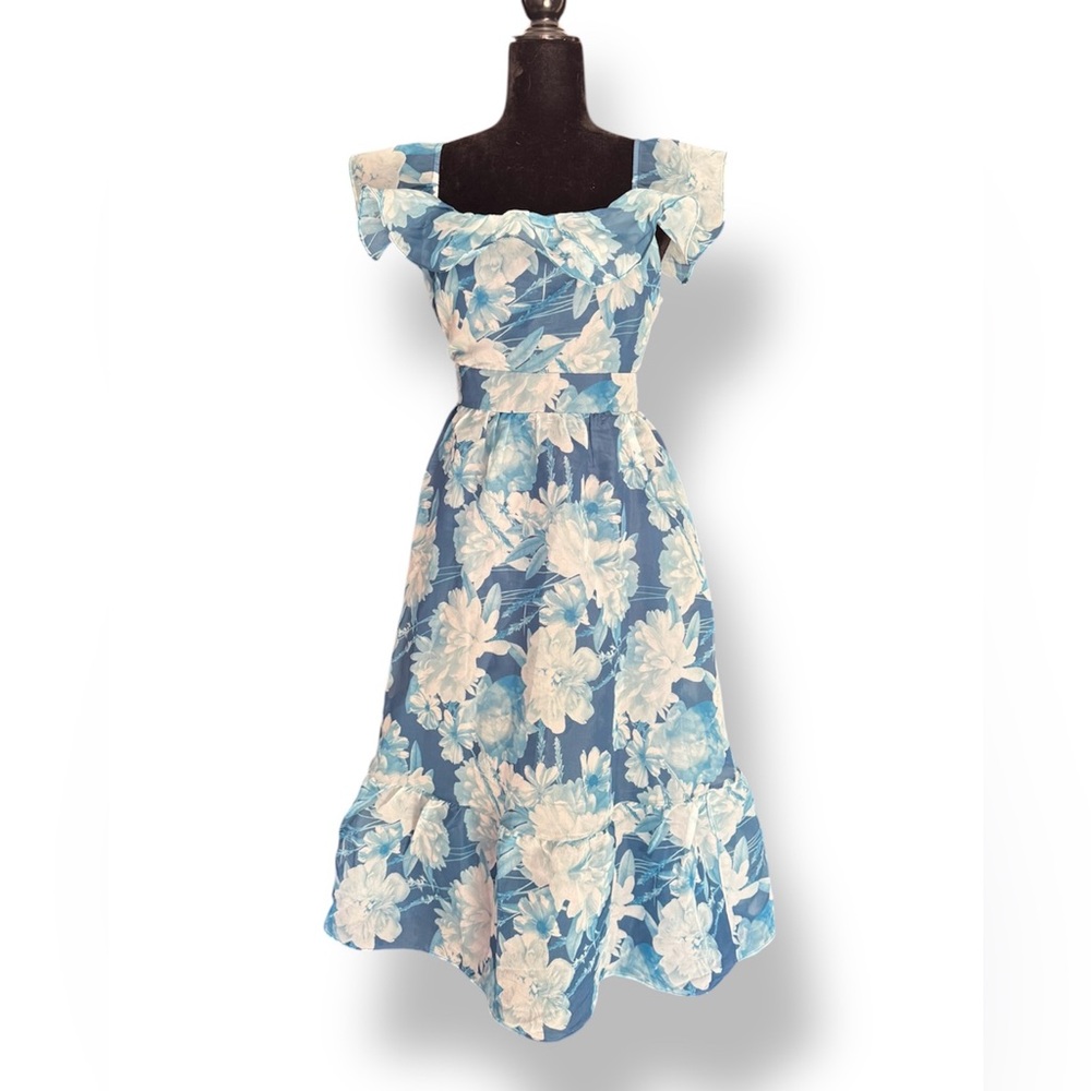 JJ’s House Blue & White Floral Off-Shoulder Dress